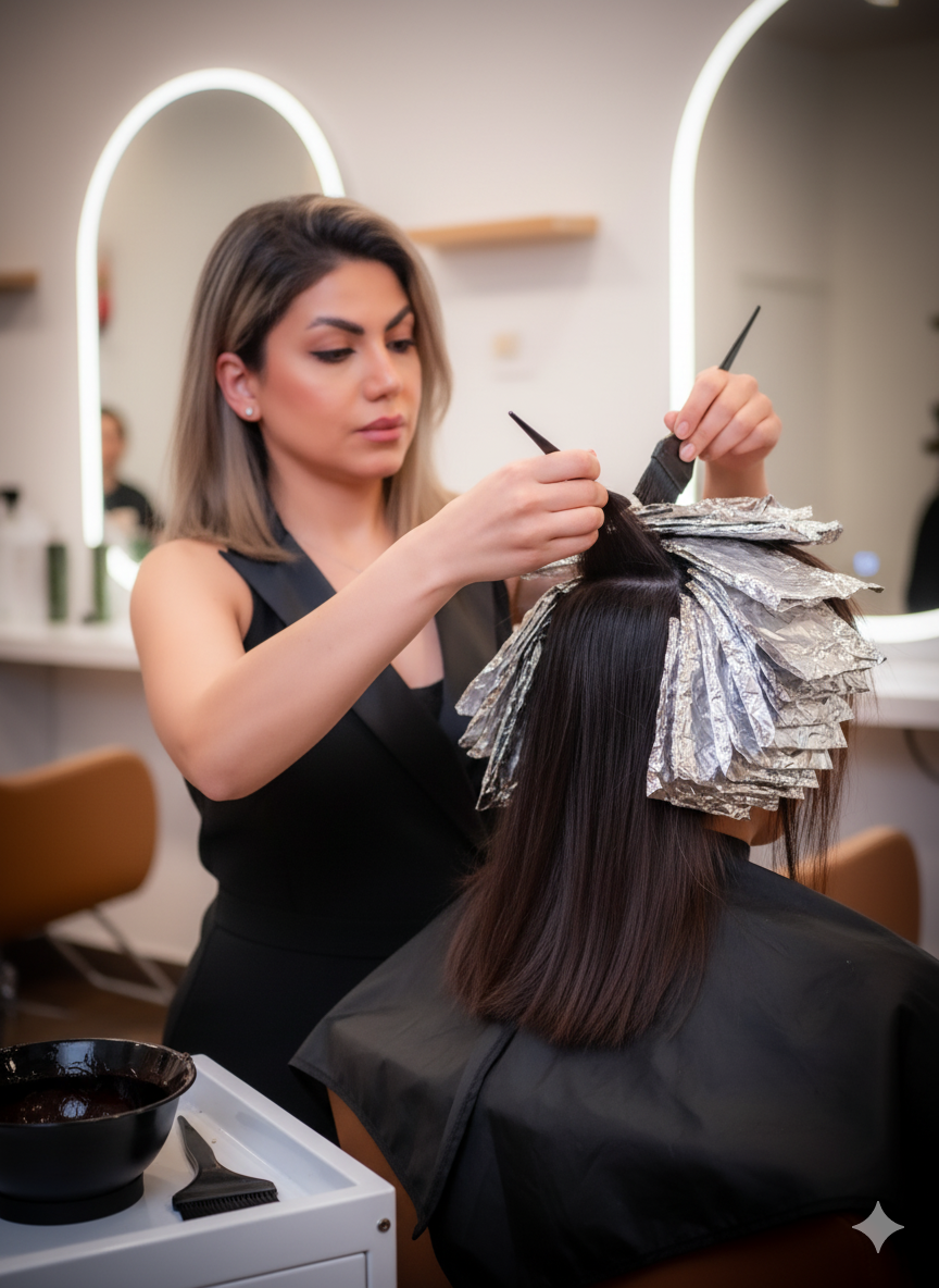 Woman getting partial foil and base service