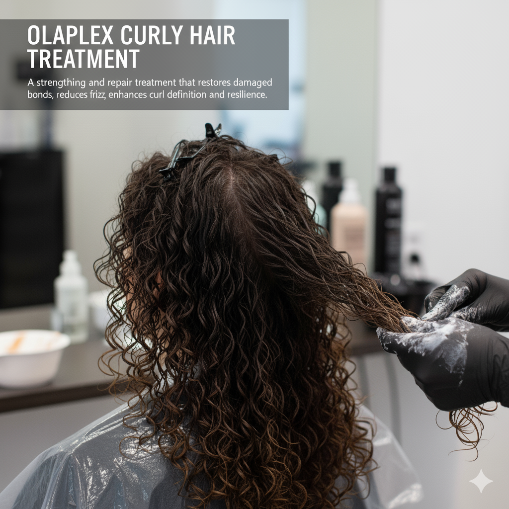 Woman receiving olaplex curly hair treatment & blow dry
