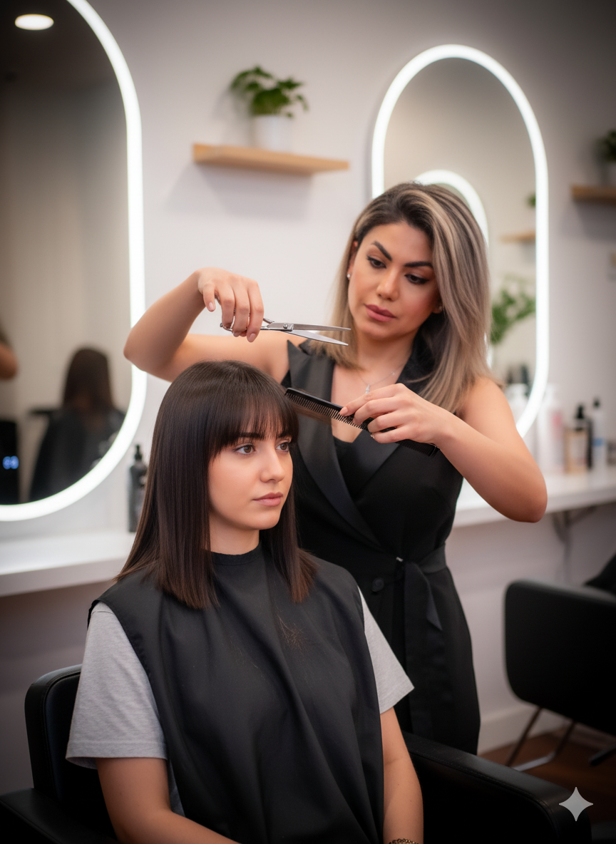 Woman getting her bang trims