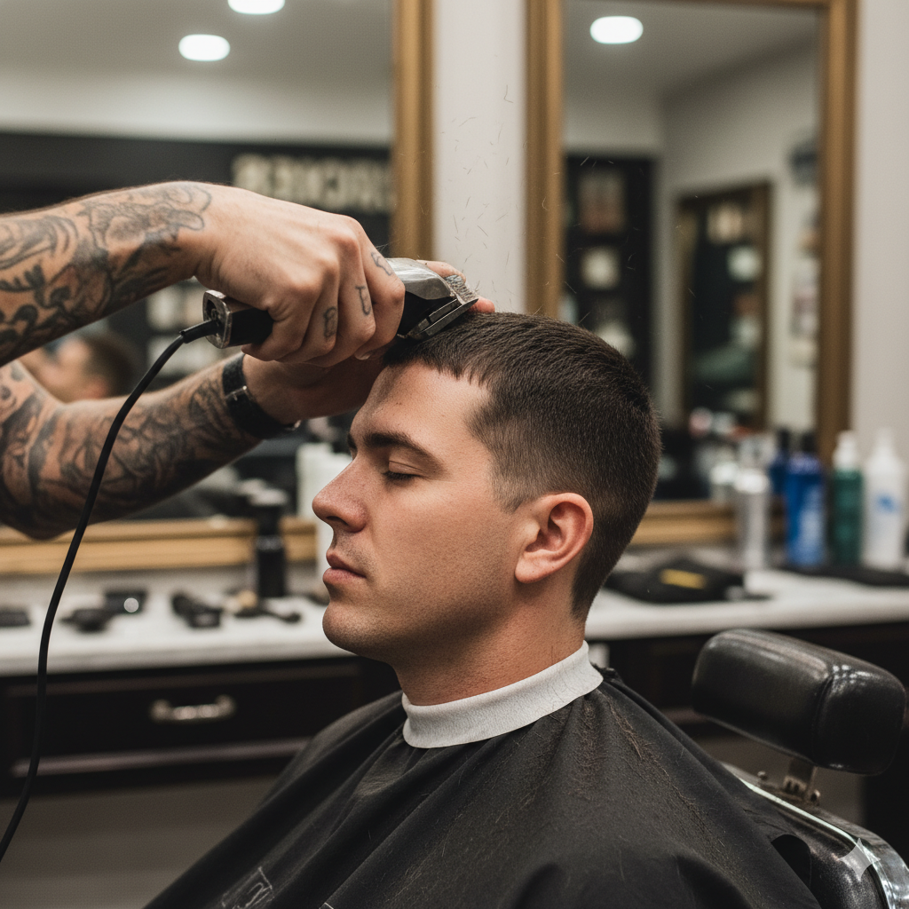 Man getting buzz cut hairstyle in a salon