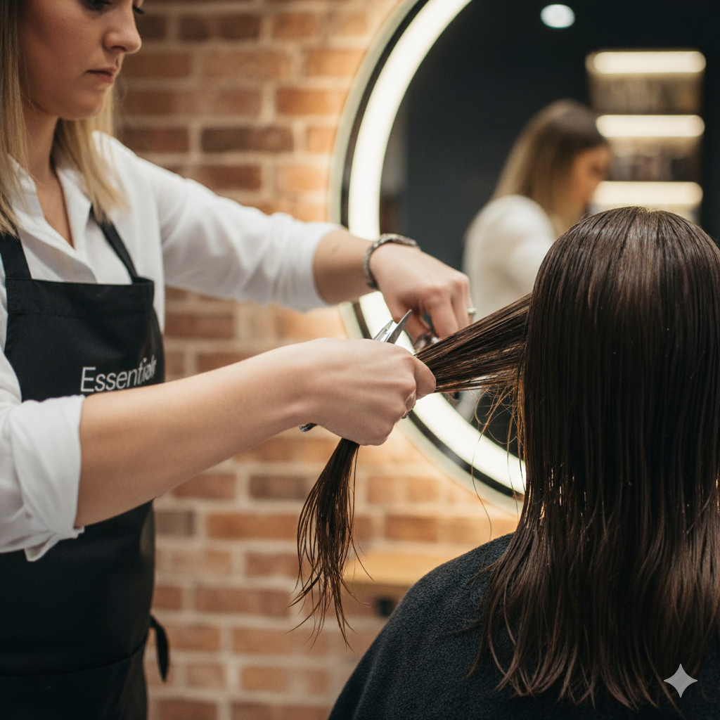 Woman getting professional haircut